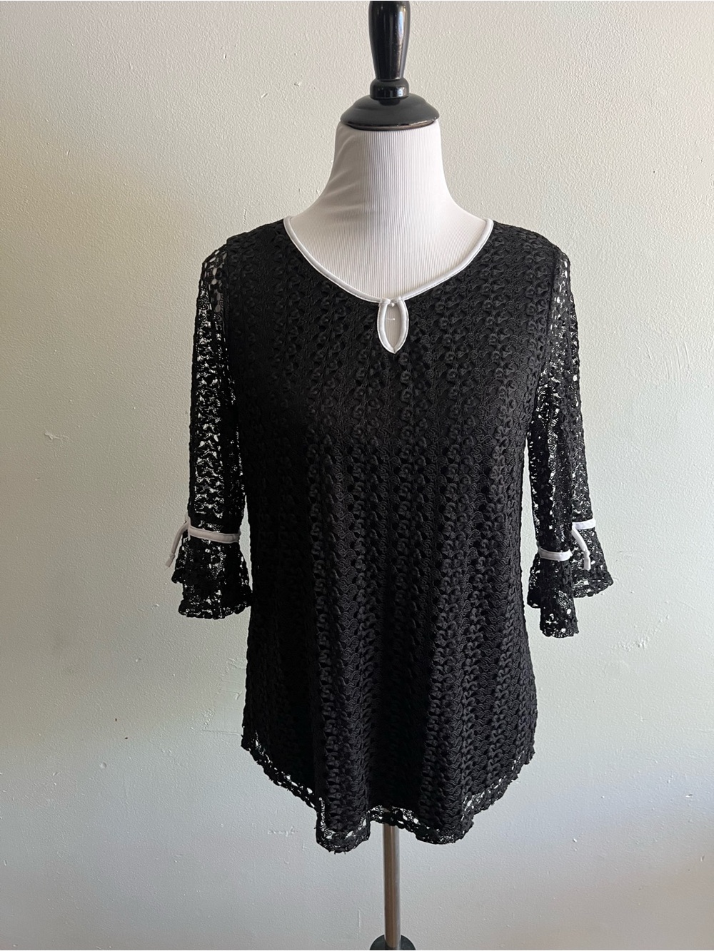 Black Lace Keyhole Blouse with White Trim Accents